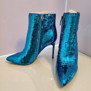 Alice + Olivia Teal Sequin Heeled Bootie Size 7.5